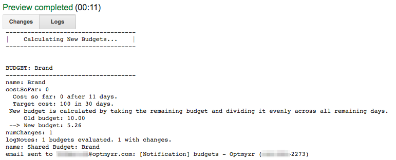 When running the script you might see logs like these indicating that the daily budget has been adjusted to help meet the monthly target spend.