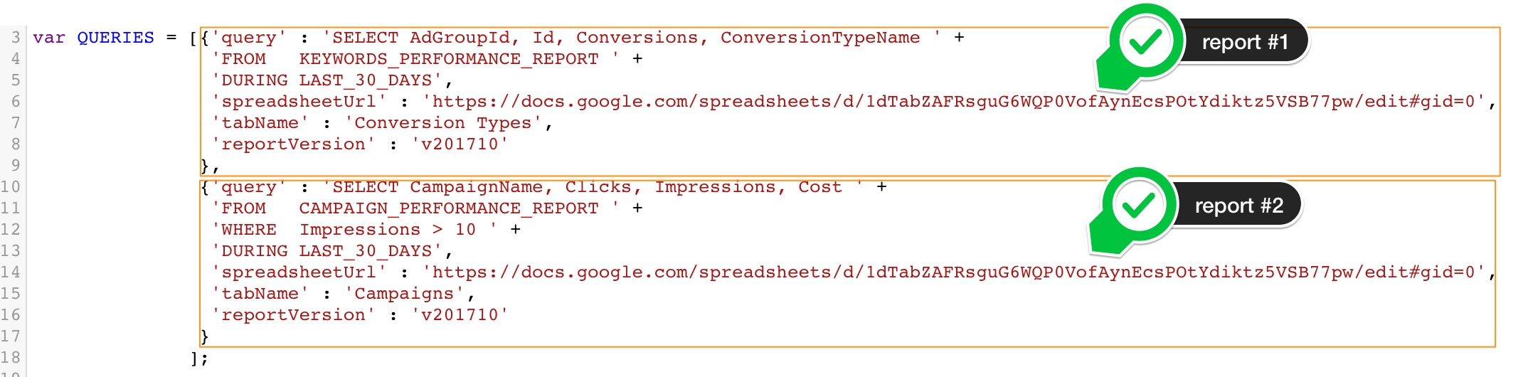 Queries to Put AdWords Reports in Spreadsheet
