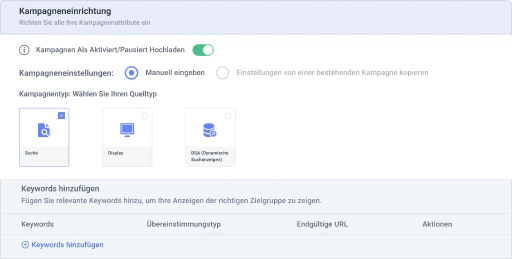 Erstellen Sie skalierbare Vorlagen für Kampagnen, Anzeigen und Keywords.