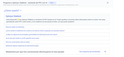 Sidekick es tu copiloto PPC en cada herramienta de Optmyzr.