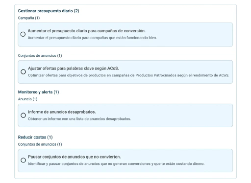 Establece la lógica para cambios de presupuesto, pausas u ofertas según lo que te importe.