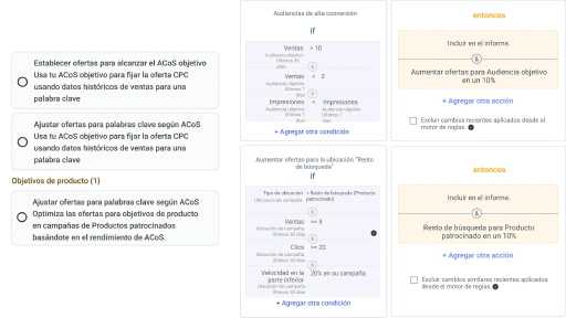 Establece reglas inteligentes de pujas para palabras clave, productos y audiencias.