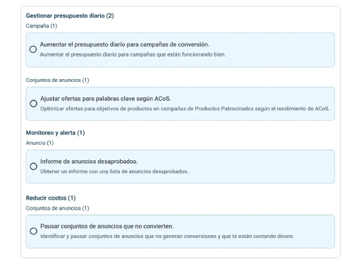 Configura reglas para pausar los de bajo rendimiento o cambiar el gasto según tus KPI.