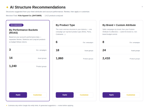 Let AI build your first Shopping and PMax campaign structure