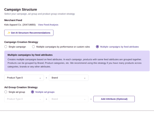 Build hundreds of campaigns from your feed in minutes