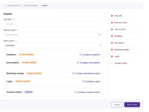 Configure PMax assets without leaving the workflow