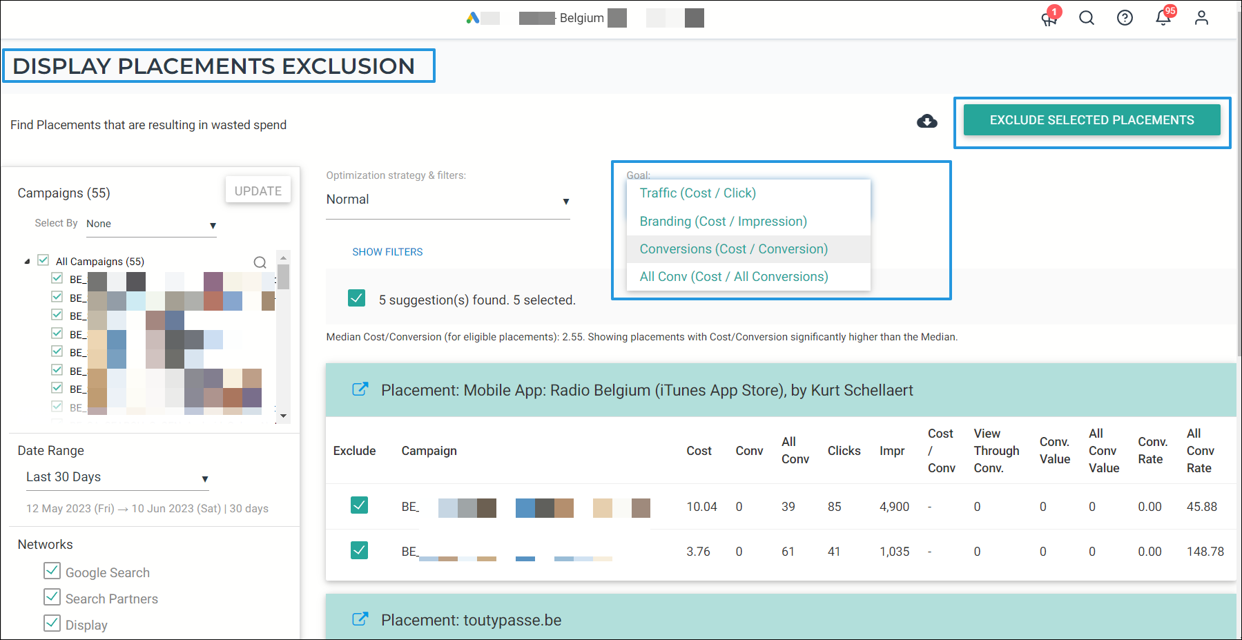 Identify and exclude poor-performing placements based on a business goal