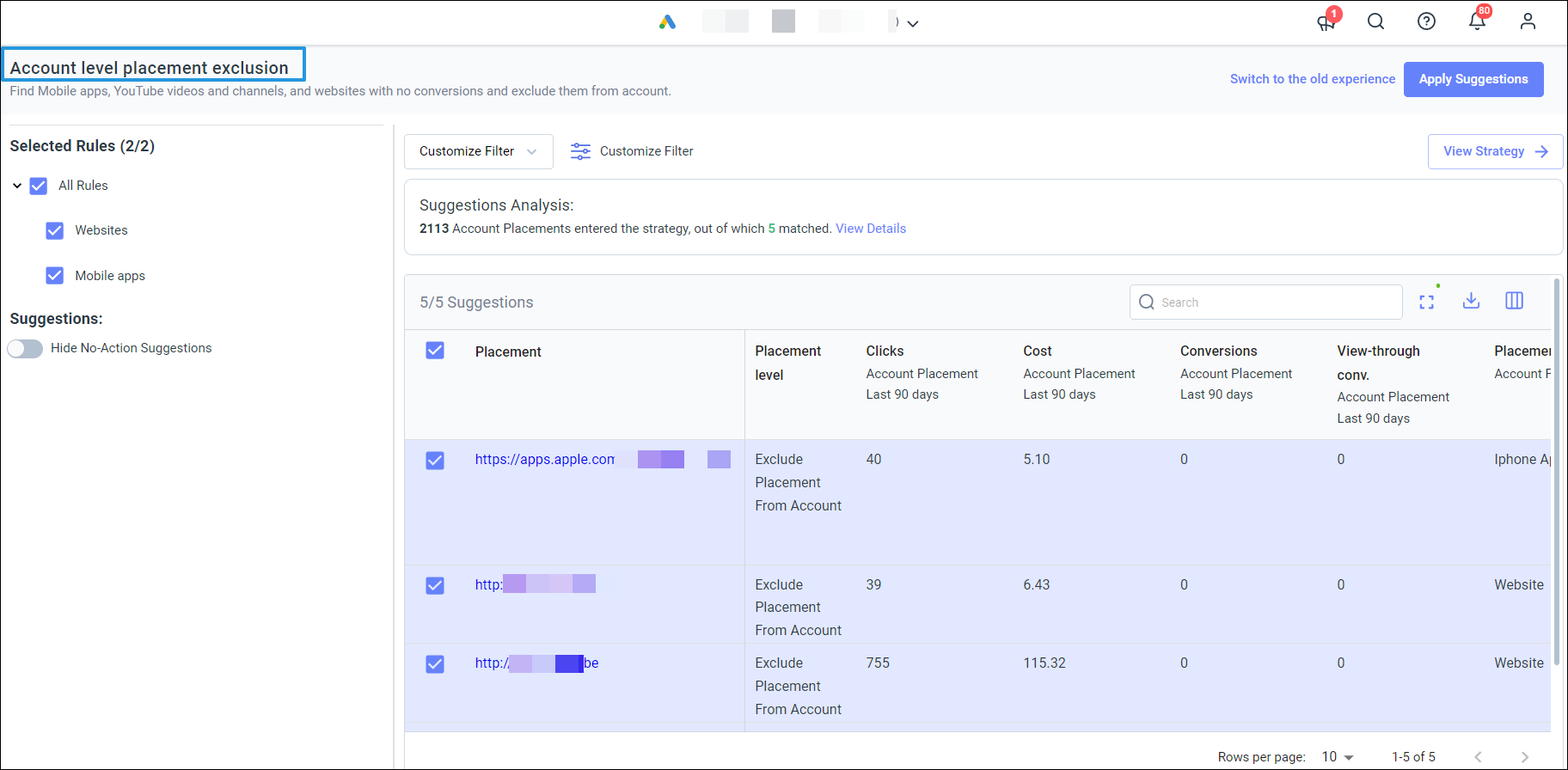 Automate excluding non-converting placements from the account