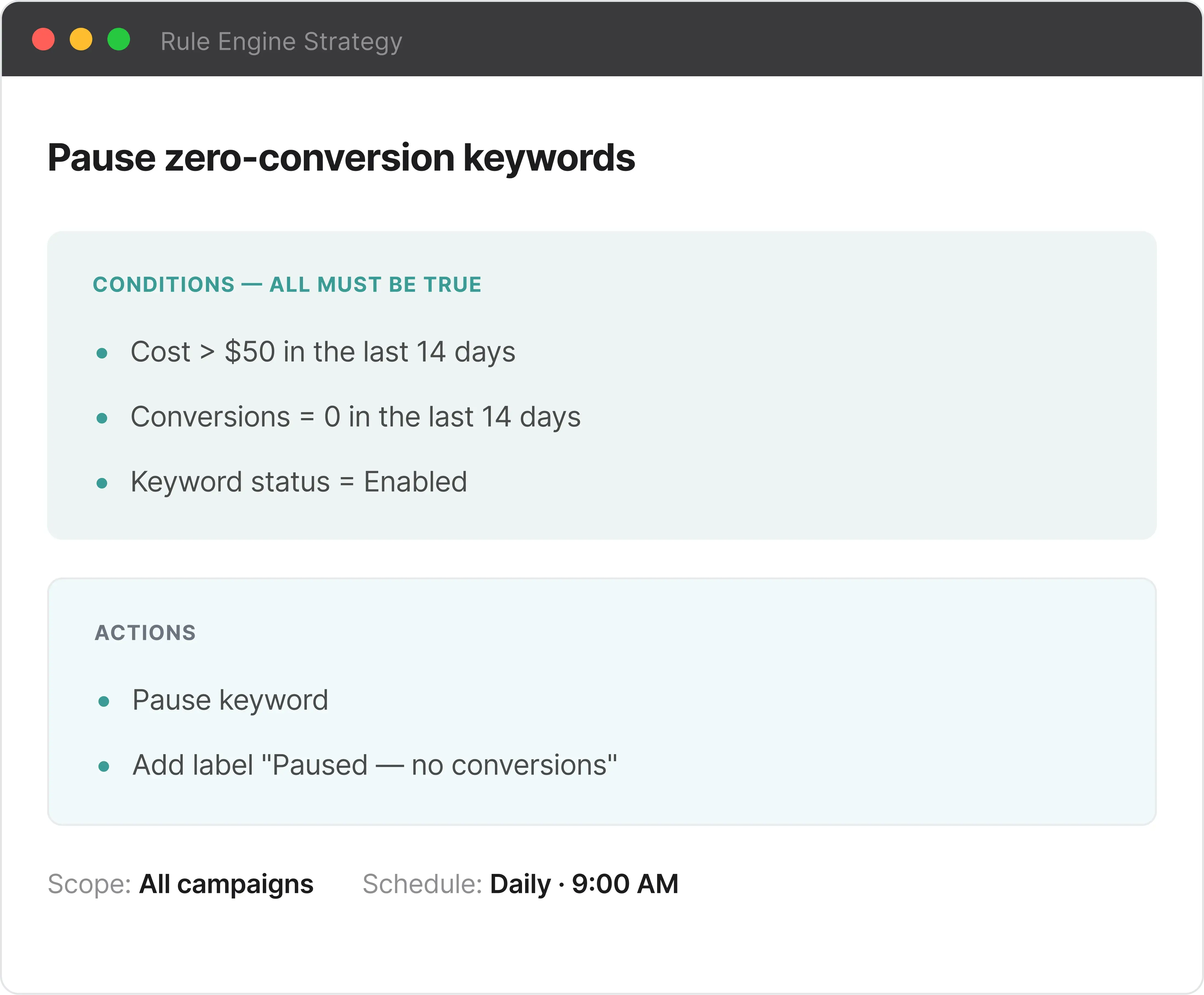 Write Optmyzr Rule Engine strategies in plain English