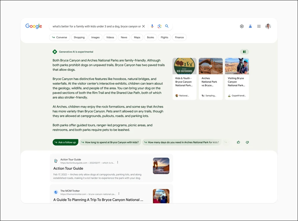 The New Google Search Experience unveiled at Google I/O on May 10, 2023 integrates generative AI