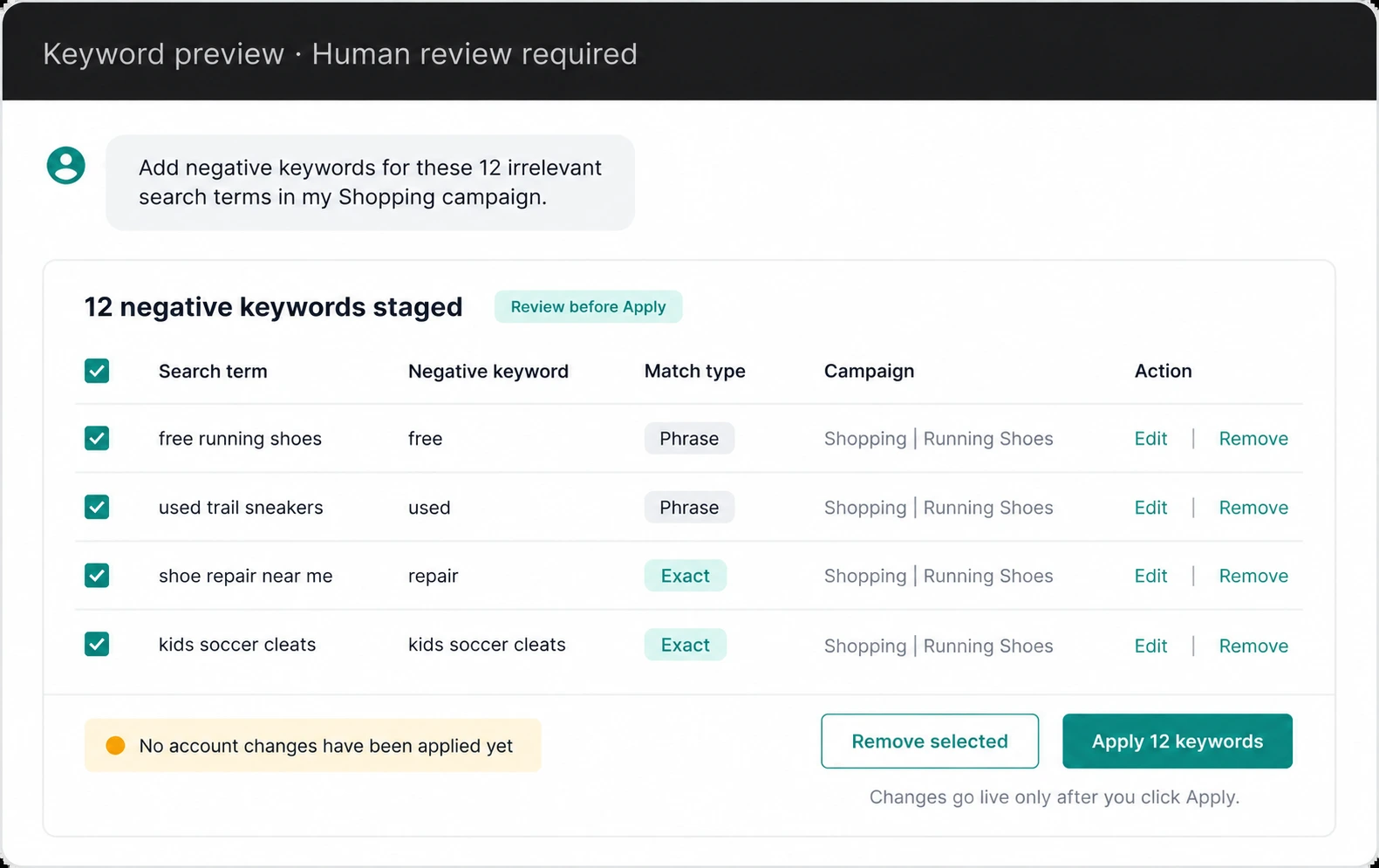 Create and apply new keywords from chat