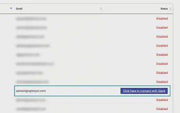 3. En la página de Estado de Integración de Slack, encuentra tu cuenta y haz clic en el botón azul de acción junto a ella bajo 'Estado'.