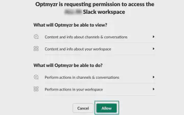 4. En la siguiente página, haz clic en 'Permitir' en la parte inferior para permitir que Optmyzr acceda a tu espacio de trabajo de Slack.