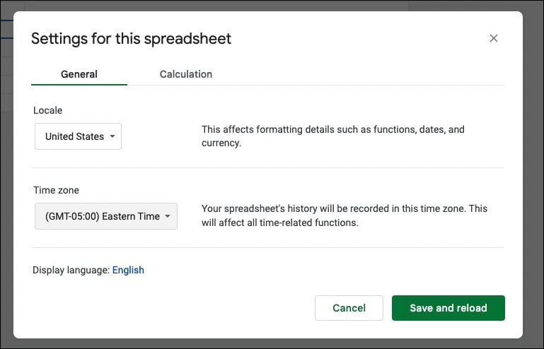 Settings for your spreadsheet