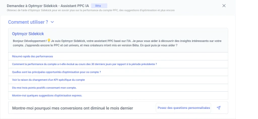 Sidekick est votre copilote PPC dans chaque outil Optmyzr.