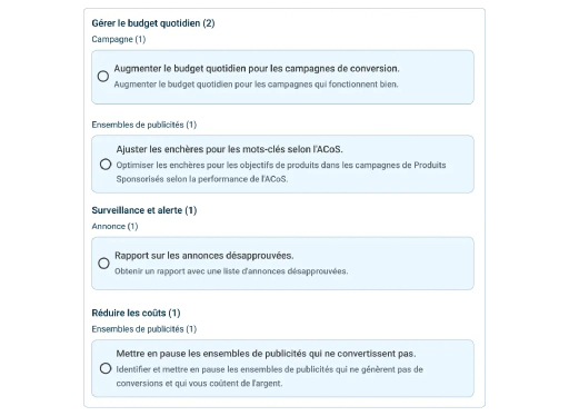 Configurez des règles pour mettre en pause les sous-performants ou réorienter les dépenses en fonction de vos KPI.